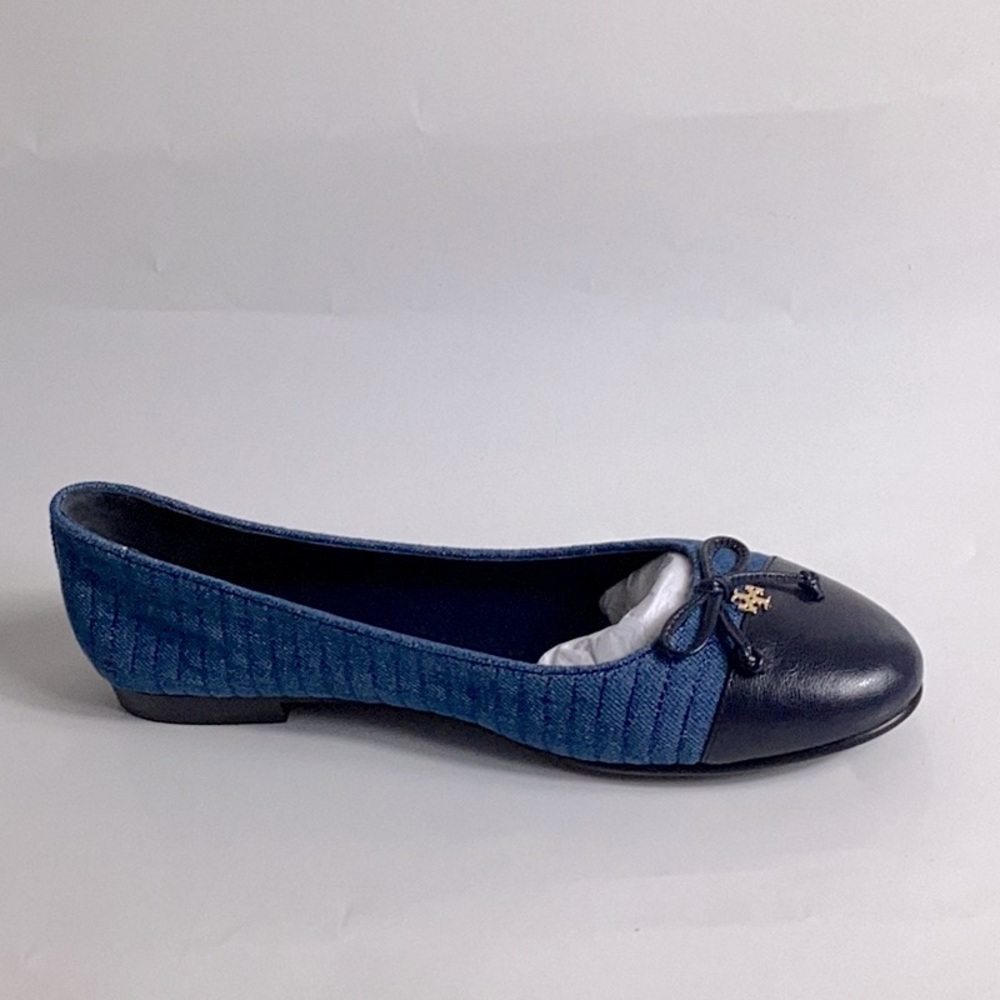 Tory Burch Navy Blue Quilted Leather Cap-Toe Ballet Flat